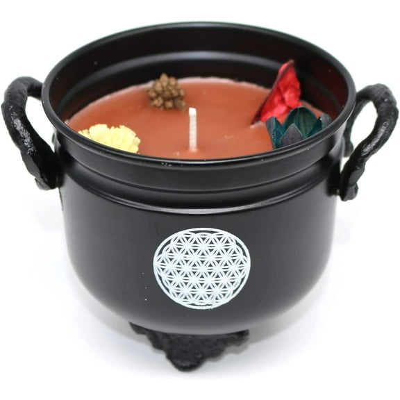 Soul Sticks 4" Flower of Life Metal Cauldron Palo Santo Scented Candle with Dried Flowers with Handle Reusable for Spells, Smudging, Rituals & Blessings