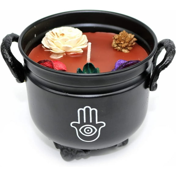 Soul Sticks 4" Hamsa Hand Metal Cauldron Palo Santo Scented Candle with Dried Flowers with Handle Reusable for Spells, Smudging, Rituals & Blessings