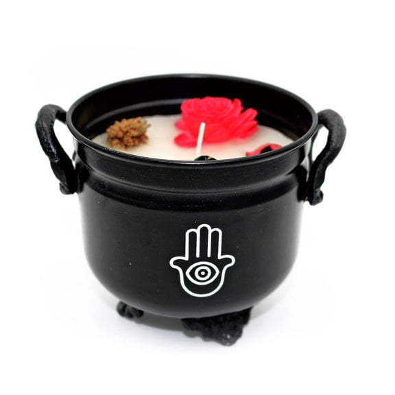 Soul Sticks 4" Hamsa Hand Metal Cauldron White Sage Scented Candle with Dried Flowers with Handle Reusable for Spells, Smudging, Rituals & Blessings