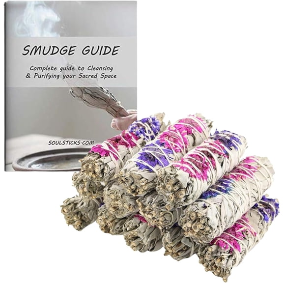 Soul Sticks 4 Inch 12 Pack Floral Blissful White Sage Smudge Sticks Bulk With Starter Guide | Smudge Sticks Bulk | Sage for Cleansing House | White Sage for Smudging and Negative Energy