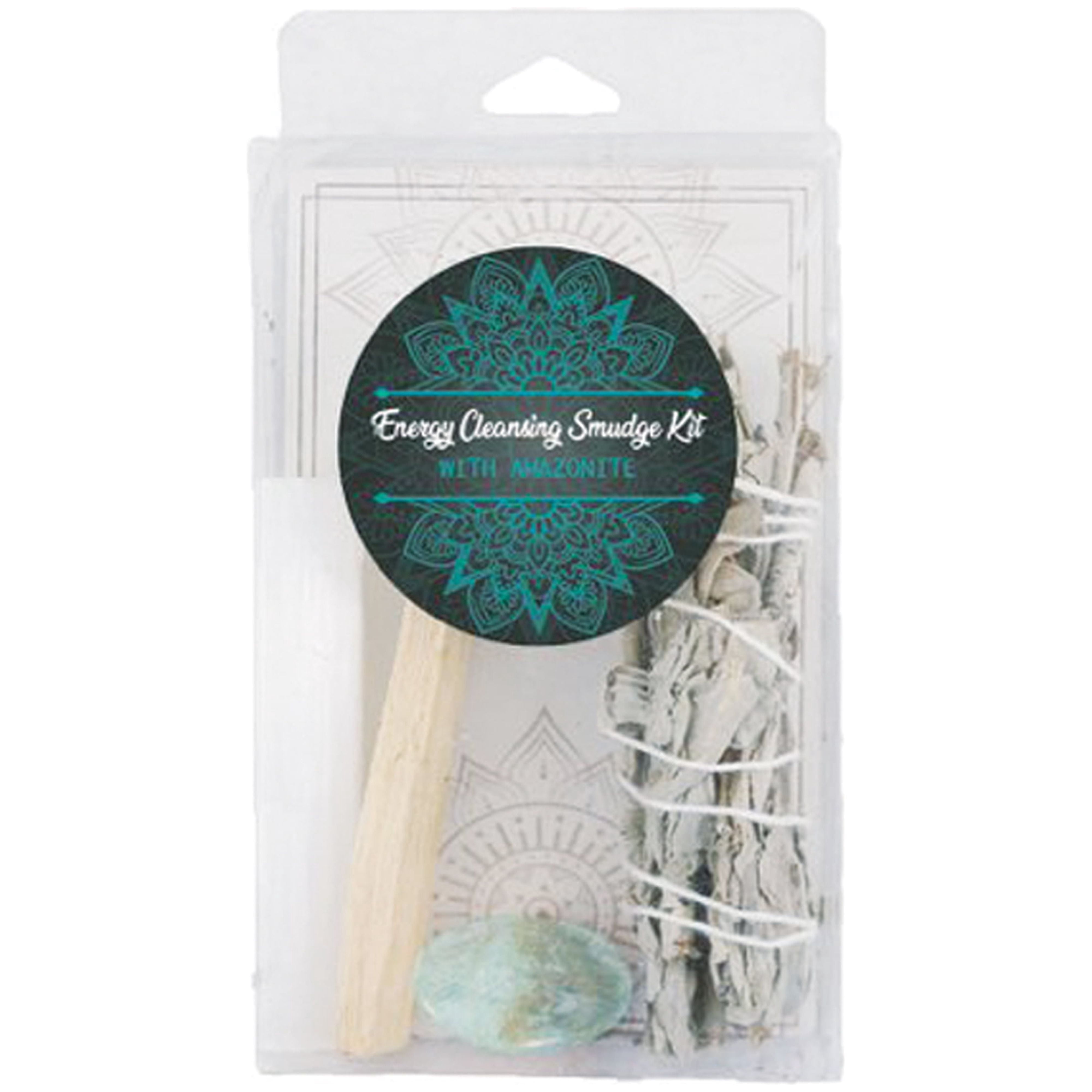 Soul Sticks Amazonite Stone Energy Cleansing Smudge Kit Includes White Sage + Selenite Wand + Palo Santo + Stone / Crystal
