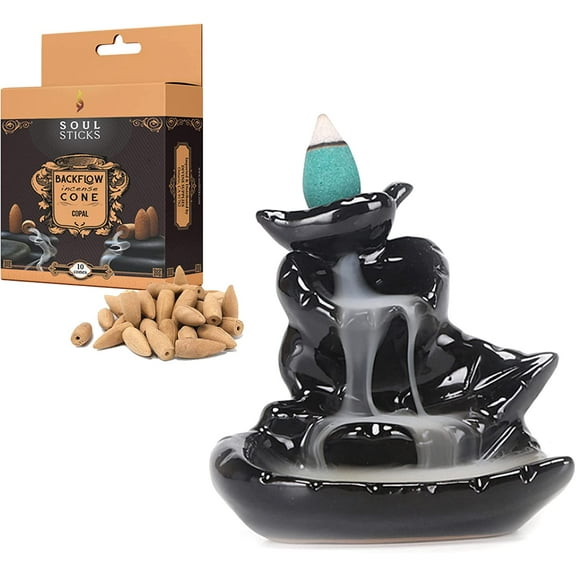 Soul Sticks Autumn Falls Backflow Cone Burner and Copal Back flow Incense Cones Combination Set