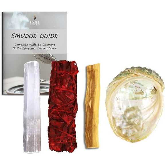Soul Sticks Beginners Mini Smudge Kit Includes Dragons Blood Sage 3-4" Abalone Shell Selenite Wand and Palo Santo with Smudging Guide