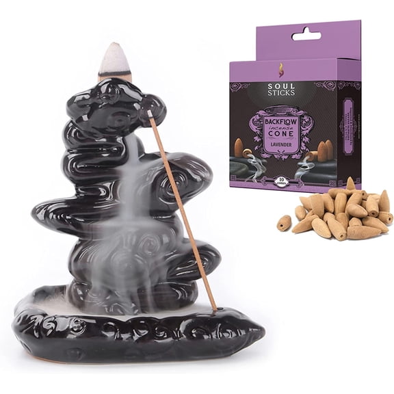 Soul Sticks Calm Clouds Backflow Cone Burner and Lavender Back flow Incense Cones Combination Set