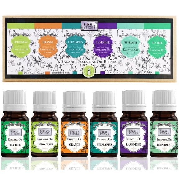 Soul Sticks Essential Oil 6 Pack Gift Set 10 mL Eucalyptus, Lavender, Orange, Lemongrass, Peppermint, Tea Tree