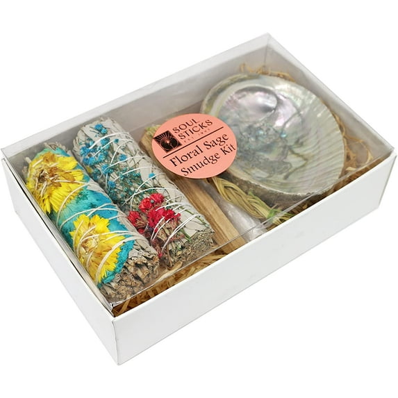 Soul Sticks Floral Sage Smudge Kit Blues Gift Set with 2 Floral White Sage Smudge Sticks, Smudge Shell, Palo Santo Stick, 4" Selenite Wand and Sweetgrass