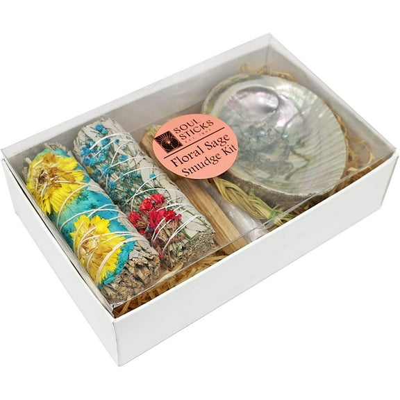 Soul Sticks Floral Sage Smudge Kit Blues Gift Set with 2 Floral White Sage Smudge Sticks, Smudge Shell, Palo Santo Stick, 4" Selenite Wand and Sweetgrass
