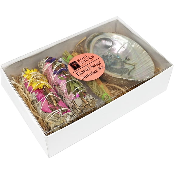 Soul Sticks Floral Sage Smudge Kit Pinks Gift Set with 2 Floral White Sage Smudge Sticks, Smudge Shell, Palo Santo Stick, 4" Selenite Wand and Sweetgrass