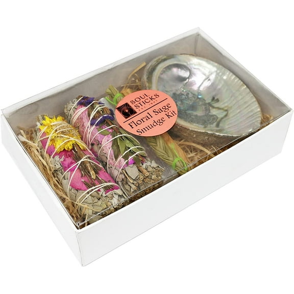 Soul Sticks Floral Sage Smudge Kit Pinks Gift Set with 2 Floral White Sage Smudge Sticks, Smudge Shell, Palo Santo Stick, 4" Selenite Wand and Sweetgrass