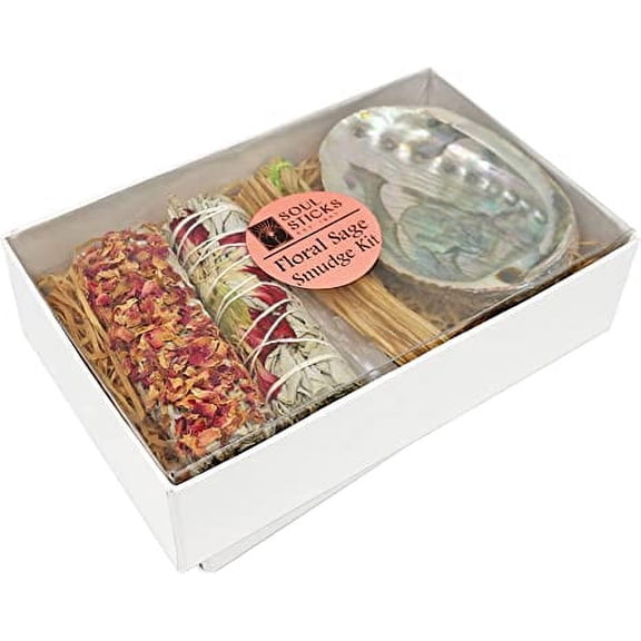 Soul Sticks Floral Sage Smudge Kit Reds Gift Set with 2 Floral White Sage Smudge Sticks, Smudge Shell, Palo Santo Stick, 4" Selenite Wand and Sweetgrass
