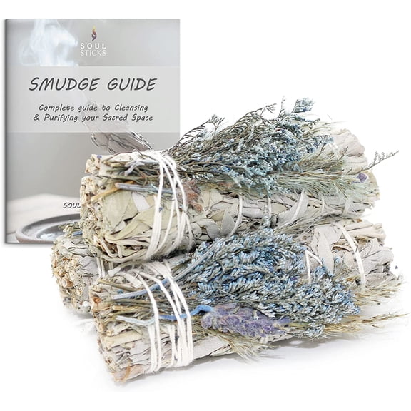 Soul Sticks Floral White Sage Smudge Sticks Bundles with Flowers and Smudging Guide, 3 Pack, Blue Bouquet
