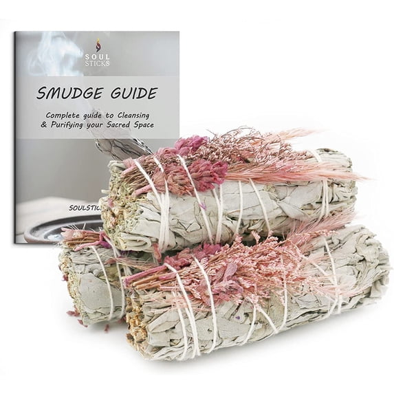 Soul Sticks Floral White Sage Smudge Sticks Bundles with Flowers and Smudging Guide, 3 Pack, Pink Bouquet