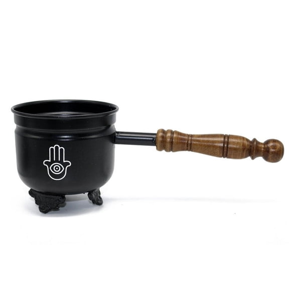 Soul Sticks Hamsa Hand Metal Smudge Sage and Incense Burner Pot Cauldron with Wooden Handle For Smudging Cleansing and Blessing