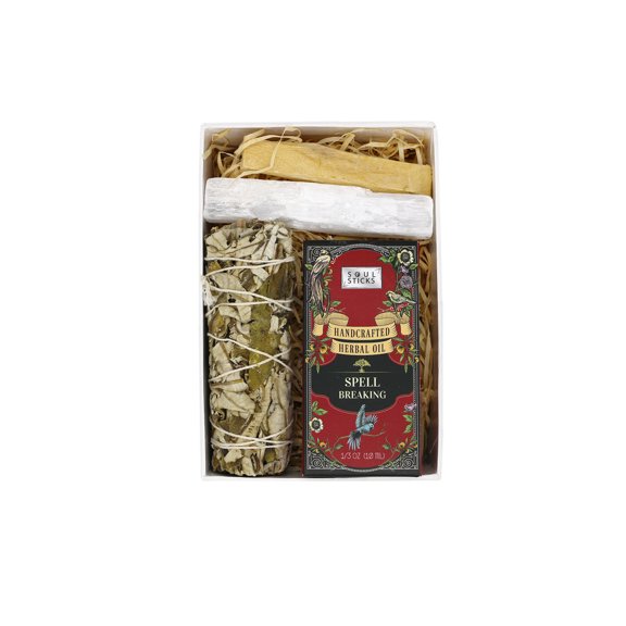 Soul Sticks Intention's Kit Spell Breaking Gift Set with Sage, Spell Herbal Oil, Palo Santo Stick and 4" Selenite Wand Smudge Set in White Gift Box
