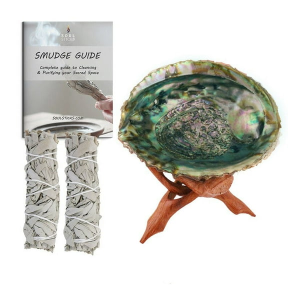 Soul Sticks Large Abalone Shell Smudge Kit with 7 inch Green Abalone Shell, 2 Bundles of 4" Sage, Tripod Stand & Guide For Cleansing Spaces
