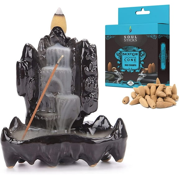 Soul Sticks Onyx Falls Backflow Cone Burner and Nag Champa Back flow Incense Cones Combination Set