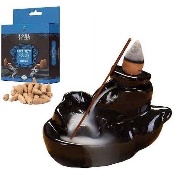 Soul Sticks Paradise Backflow Cone Burner and Blue Sage Back flow Incense Cones Combination Set