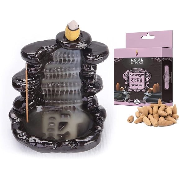 Soul Sticks Peaceful Garden Backflow Cone Burner and Positive Vibes Back flow Incense Cones Combination Set