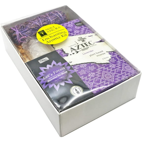Soul Sticks Purple Enchanting Aroma Kit Gift Set Box | Color and Fragrance Themed Kit with Aztec Incense Sticks, Essential Oil Blend, Scented Sage and 2" Selenite Tower