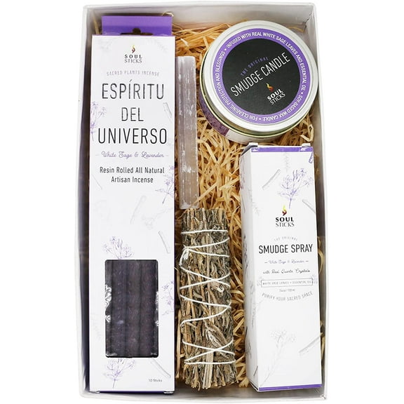 Soul Sticks Shaman's Kit Lavender Gift Set with Espiritu Incense Sticks, Sage Smudge Stick, Smudge Candle, Smudge Spray, 4" Selenite Wand in White Gift Box
