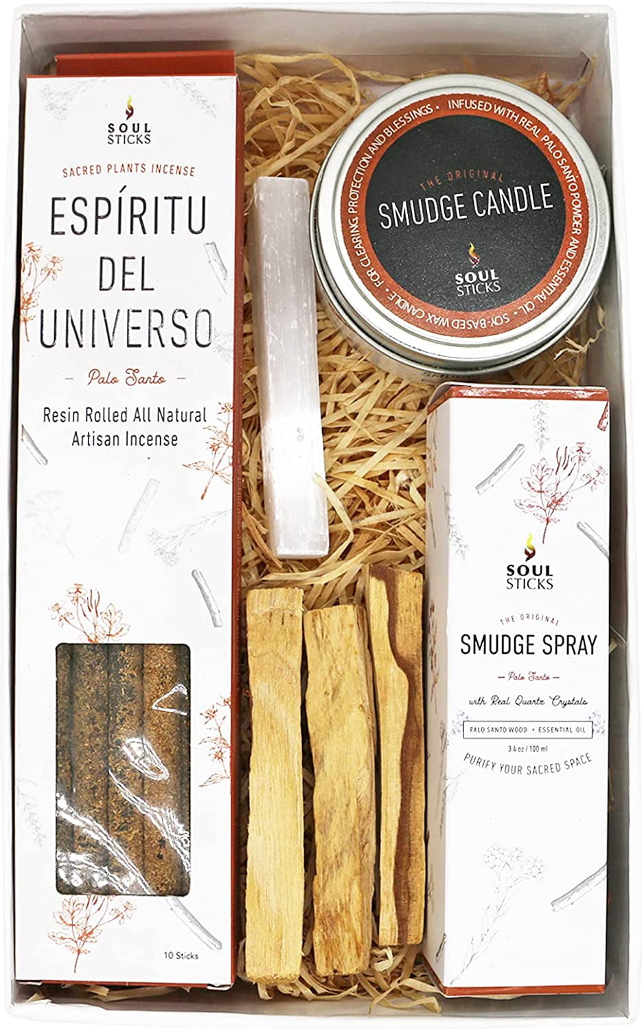 Soul Sticks Shaman's Kit Palo Santo Gift Set with Espiritu Incense Sticks, Sage Smudge Stick, Smudge Candle, Smudge Spray, 4" Selenite Wand in White Gift Box