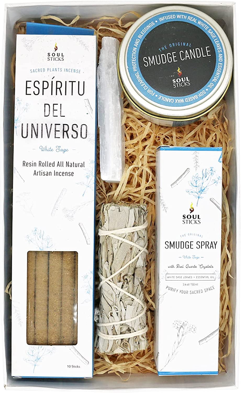 Soul Sticks Shaman's Kit White Sage Gift Set with Espiritu Incense Sticks, Sage Smudge Stick, Smudge Candle, Smudge Spray, 4" Selenite Wand in White Gift Box
