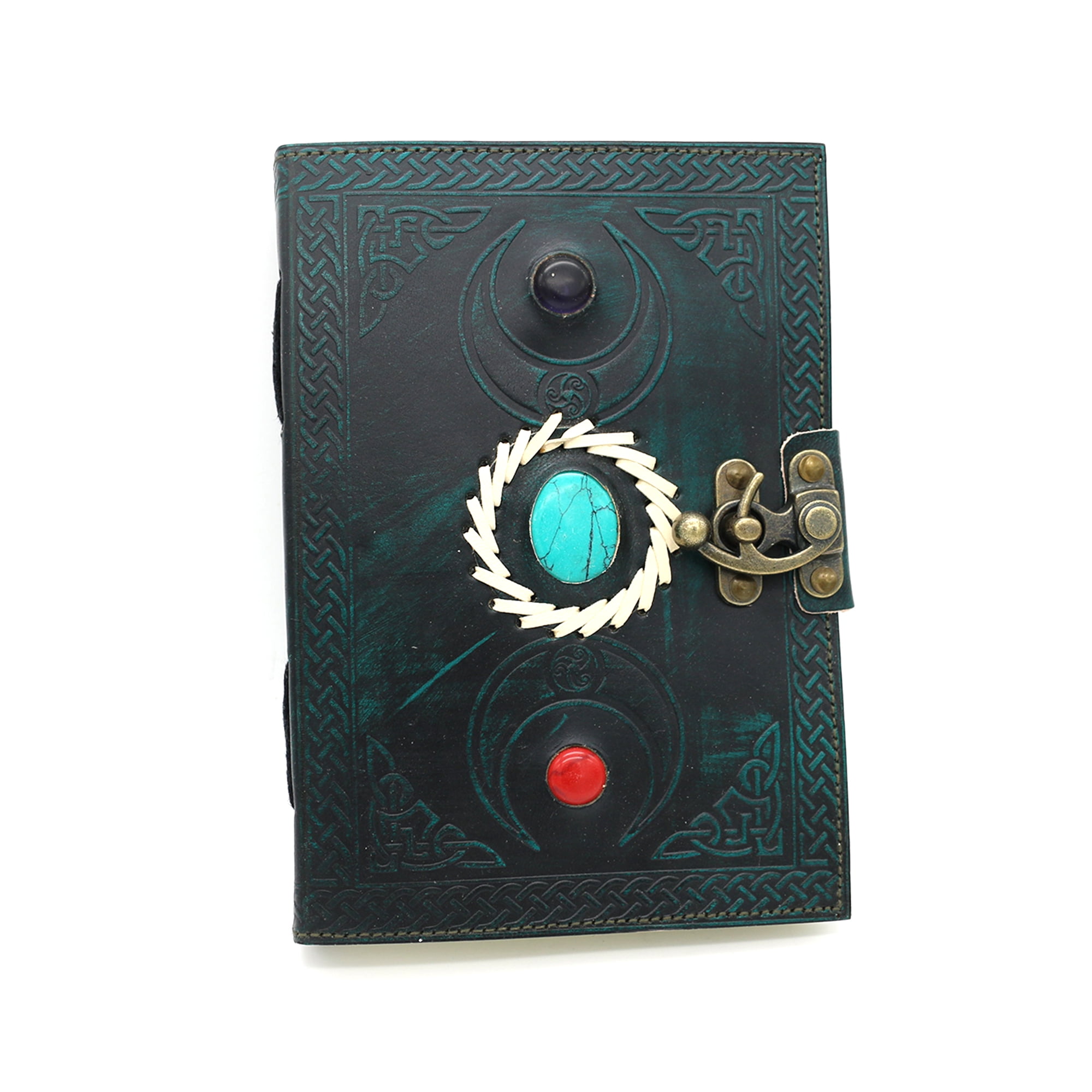 Soul Sticks Teal Triple Moon with Stones Genuine Leather 200 Page Journal 6" x 8"