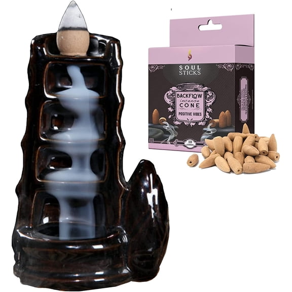 Soul Sticks Tower Waterfall Backflow Cone Burner and Positive Vibes Back flow Incense Cones Combination Set
