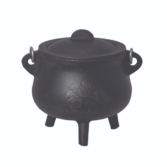 Soul Sticks Tree of Life 6" Cast Iron Cauldron with Carry Handle and Lid for Spells Smudging Rituals
