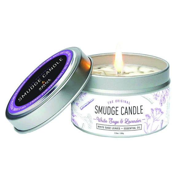 Soul Sticks White Sage Lavender Scented Smudge Tin Candle with Crystals and Herbs