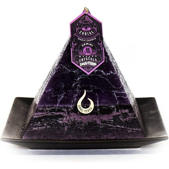 Soul-Terra-Gemini-Zodiac Mystery Crystal Pyramid Candle-Real Crystals, Rings, Amulets and/or Runes Inside-12 Zodiacs-Natural Hemp Wick-75 Hours Burn Time-Candles with Healing Crystals