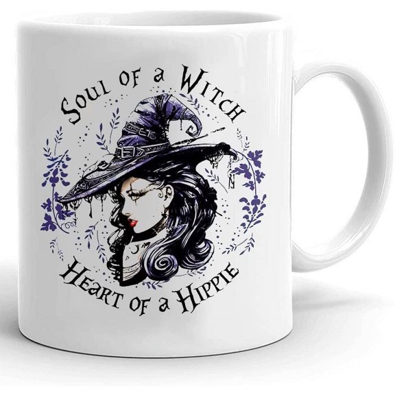 Soul Of A Witch Heart Of A Hippie Mug, Halloween Mug, Witch Mug, Gifts For Halloween, Gifts For Her on Birthday Christmas Anniversary, Ceramic Coffee Mug 11oz 15oz