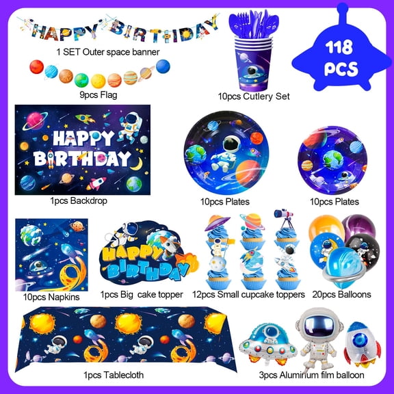 Soul's 132pcs Space Birthday Party Decorations, 16 Outer Space Birthday Tableware Set Outer Galaxy Party Plates Solar System Tablecloth Astronaut Balloons etc Space Astronaut Party Decorations V14