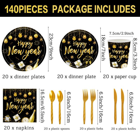 Soul's 140Pcs Happy New Year Party Supplies Tableware Set New Year's Party Decorations Black Gold Plates and Napkins Christmas and New Year's Eve Party Paper Plates, Serves 20 Guests V14