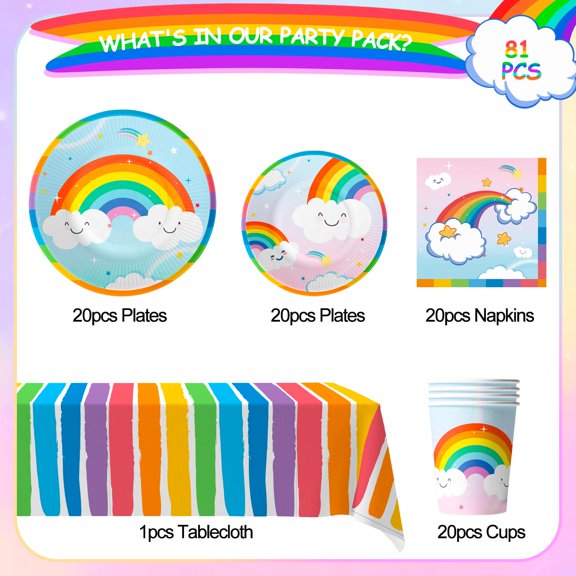 Soul's 20 Guests Rainbow Birthday Party Tableware, Include Colorful Plates Cups Napkins Tablecloth etc Rainbow Birthday Party Decorations V14