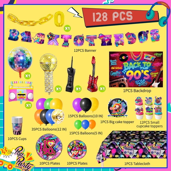 Soul's 90s Party Decorations, 128pcs 90s Themed Party Supplies Set Including Back to The 90's Backdrop Balloons Cake Toppers Plates Tablecloth etc Back to The 90 s Birthday Party Supplies V14