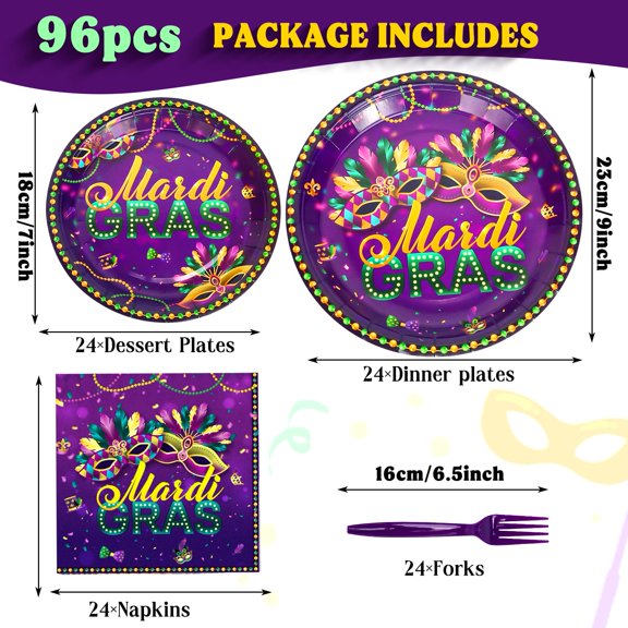 Soul's 96 PCS Mardi Gras Party Tableware Set,Disposable Mardi Gras Party Carnival Supplies Purple Paper Plates Napkins Forks Mask Plate for Mardi Gras New Orleans Masquerade,24 Guests V14