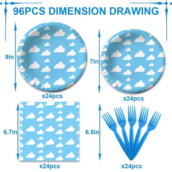 Soul's 96Pcs Blue Sky White Clouds Party Plates and Napkins for 24 Guests Blue Sky White Clouds Themed for Kids Baby Shower Birthday Party Decorations V14