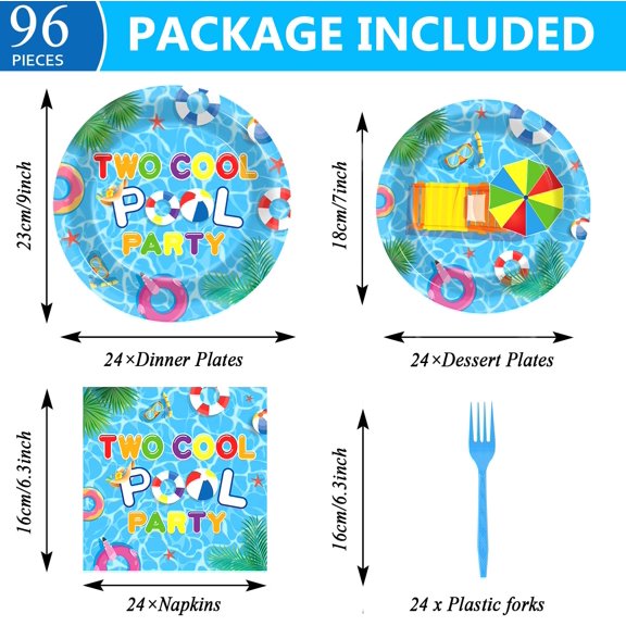 Soul's 96Pcs Two Cool Pool Birthday Party Supplies Swimming Pool 2nd Birthday Paper Plates and Napkins Beach Tableware Set Serves 24 Guests 2 Years Old Hawaiian Pools Party Decorations V14