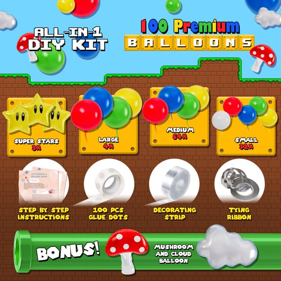 Soul's ALL-IN-1 Video Game Balloon Arch Kit with BONUS Mushroom, Cloud & Star Balloons - Red Blue Green Yellow Balloon Garland for Gamer Birthday Party Decorations & Party Supplies V14