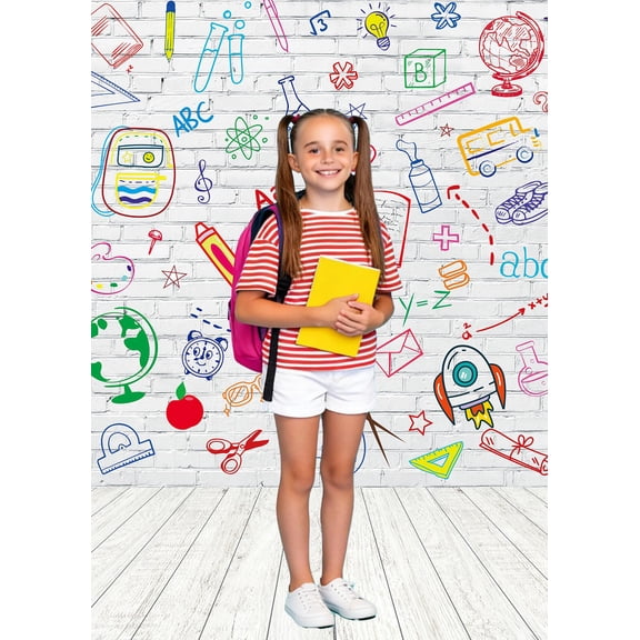 Soul's Back to School Backdrop 6x8ft School Doodle Brick Wall Photo Background V14
