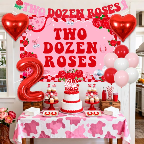 Soul's Dozen Roses Cowgirl 2nd Birthday Decorations Dozen Roses Backdrop Banners Cake Cupcake Toppers Balloons, Pink Floral Western Theme 2nd Birthday Decor Western Disco Cowgirls Party Supplies V14