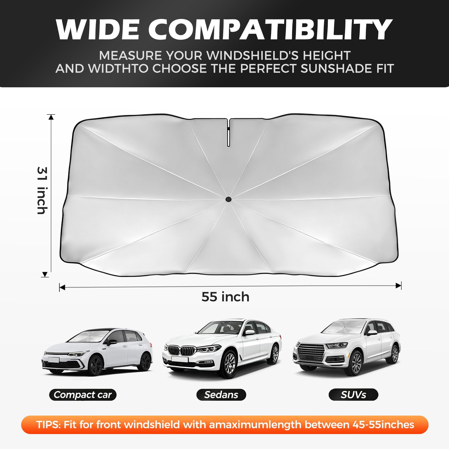 Soul's Foldable Car Windshield Sun Shade Umbrella for Front Window, 55 ...