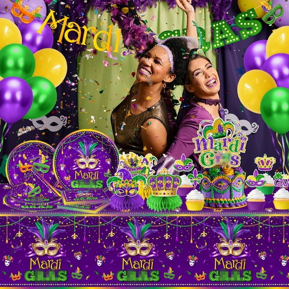 Soul's Masquerade Party Decorations-172Pcs Mask Themed Plates and Napkins Green Gold Purple Tableware Set Masquerade Party Supplies V14