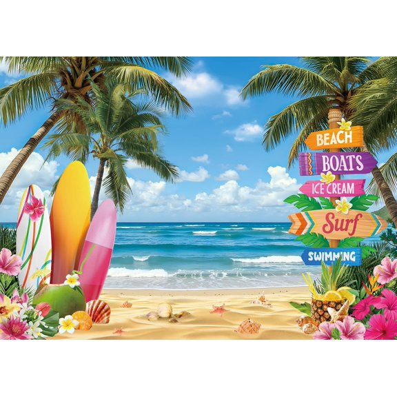 Soul's Summer Beach Backdrop Hawaiian Tropical Flowers Palm Leaves Surfboard Photography Background Summer Birthday Party Decorations Banner Photo Studio Props (10x8FT) V14
