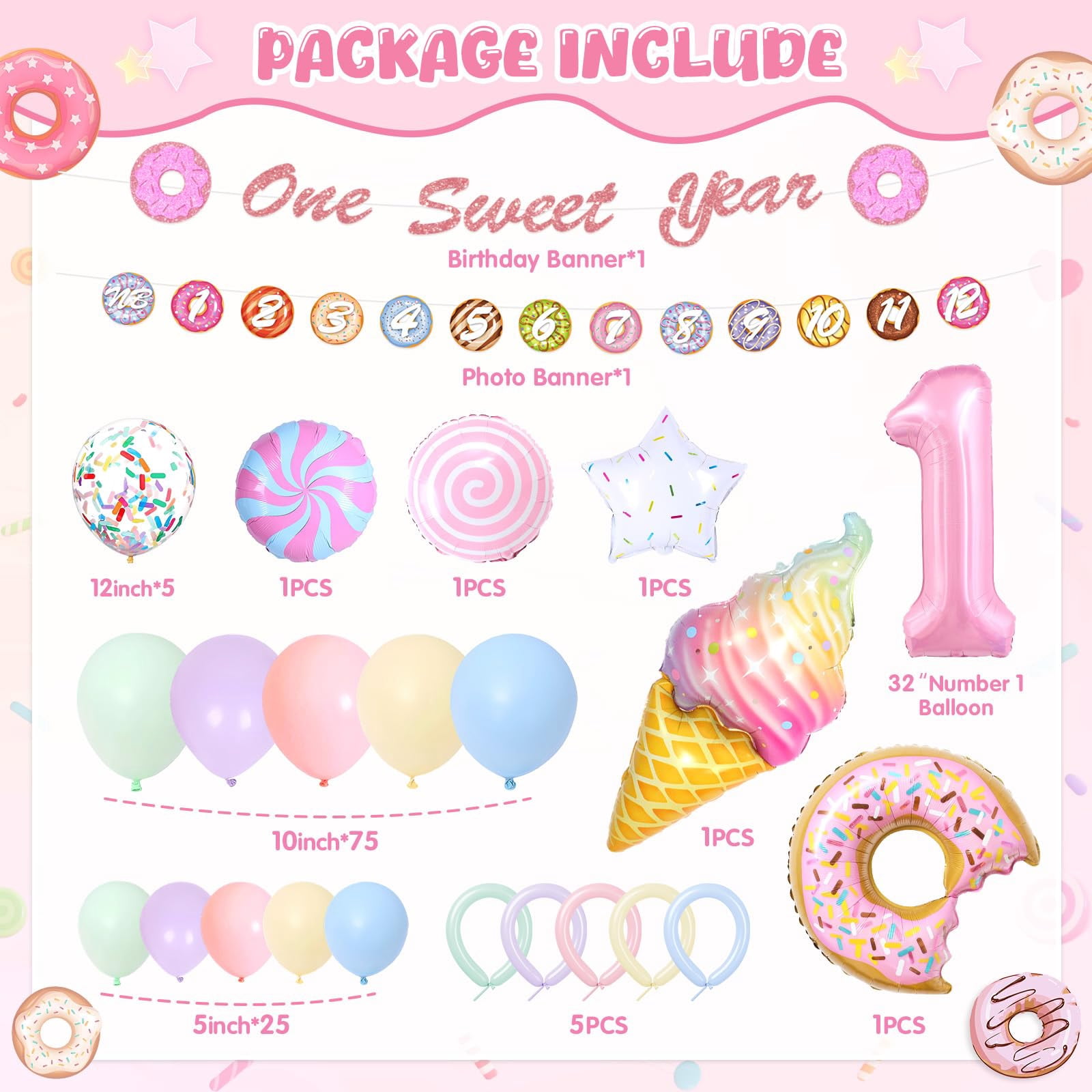 Soul's Sweet One Birthday Party Decorations, Donut 1st Birthday Decorations Girl, Balloon Boxes, Photo Banner, Ice Cream Candy Balloons, Backdrop, First Bday Girl Decor V14