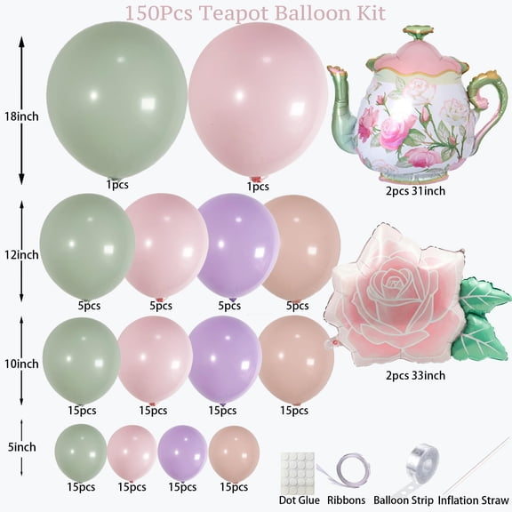 Soul's Tea Party Balloon Garland Kit 150Pcs - Pink Sage Green Pastel Purple Balloons with Teapot & Floral Foil - Garden Party Decorations, Baby Shower, Bridal Shower, High Tea, Let's Partea Decor V14