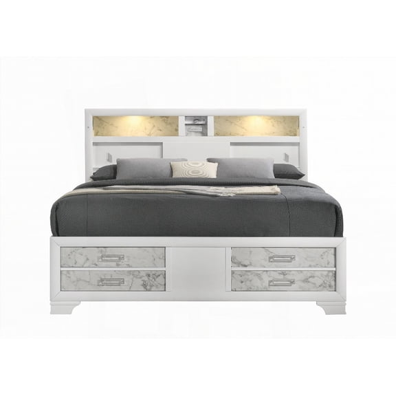 Full Bed by Soul in Modern Style with Wood & Drawers - Marble Accents & Headboard Lighting
