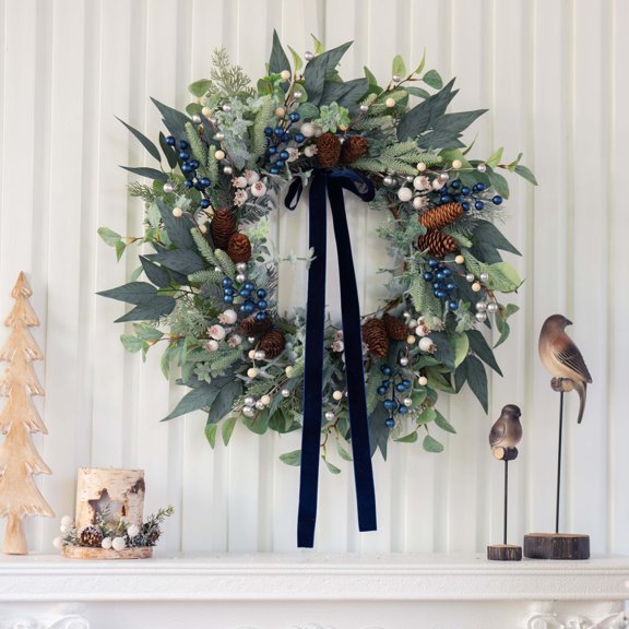 Soul's Winter Wreaths for Front Door 24 Inch Green Olive & Eucalyptus Wreath with Silver & White Berries, Pine Cones and Blueberries, Christmas & Holiday Indoor Outdoor Decor V14