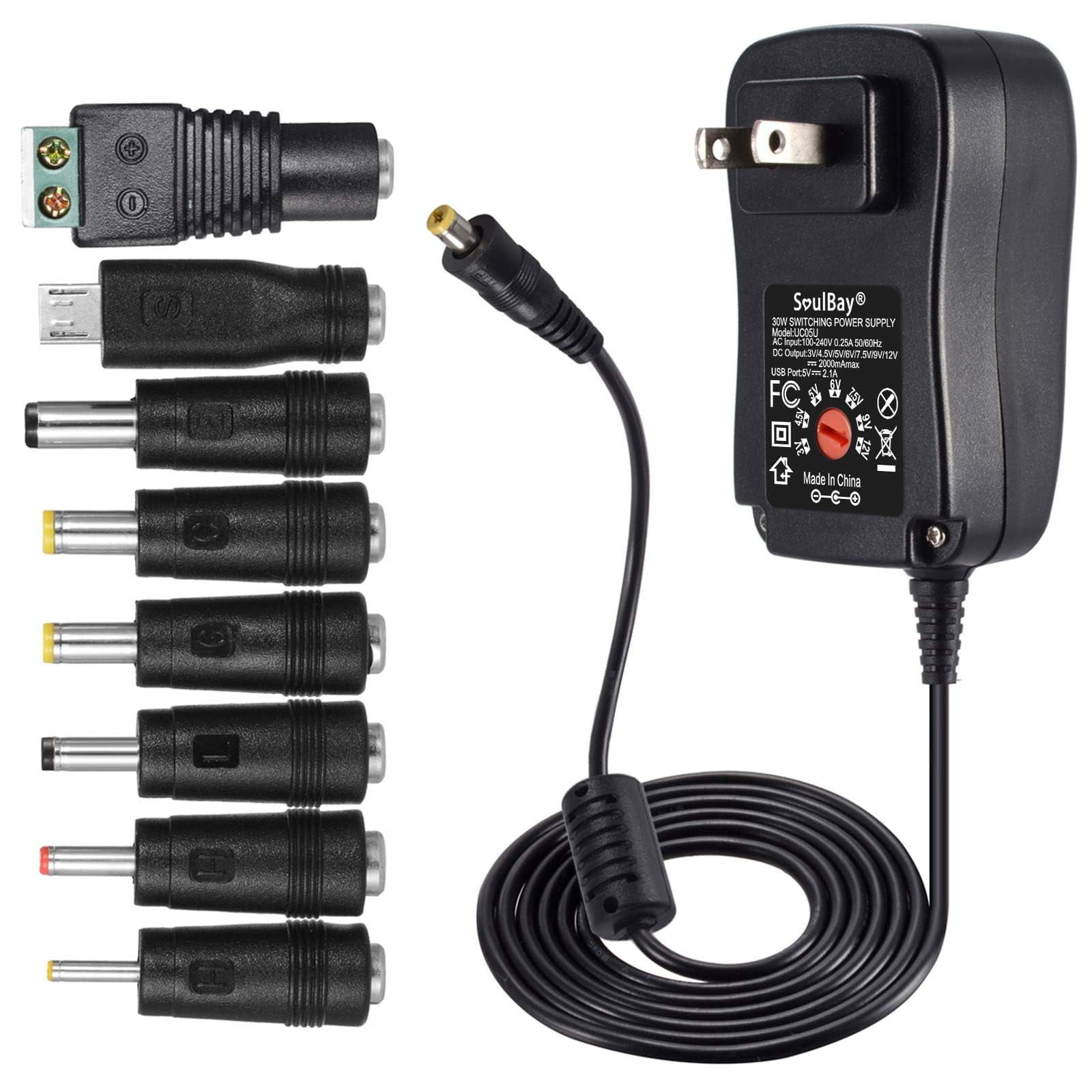 SoulBay 30W Universal AC/DC Adapter Switching Power Supply with 8 Adapter Tips, 3V/4.5V/5V/6V/7.5V/9V/12V 2A for Household Electronics LED Lamp Router Webcam Speaker